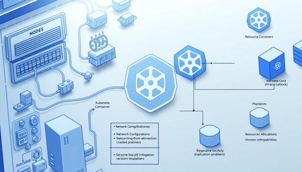 Detailed technical diagram showcasing real-world Kubernetes deployment cases. Crisp close-up view of various Kubernetes cluster components - nodes, pods, containers, networking, storage, and more. Neutral lighting illuminates intricate hardware and software elements. Precise, technical illustration style with clean lines and subtle gradients. Schematics and visual representations of common Kubernetes installation issues, such as network configuration errors, resource allocation problems, and version incompatibilities. Conveys a sense of problem-solving and troubleshooting, with an emphasis on practical, hands-on understanding of Kubernetes architecture.