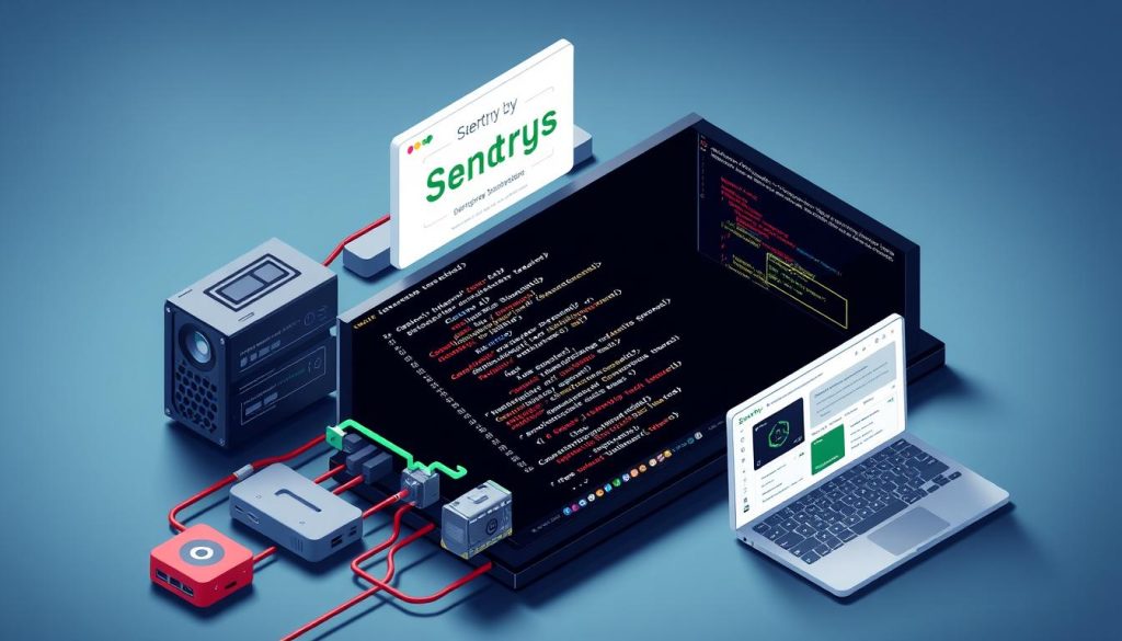 Detailed technical diagram showcasing the setup of Sentry, an error tracking and performance monitoring platform, for a Node.js application. Crisp isometric view highlighting the integration of Sentry SDK within the Node.js codebase, capturing errors, exceptions, and performance metrics. Sleek, minimalist UI design with clean typography and vibrant color scheme. Subtle lighting from the top-left casts dramatic shadows, emphasizing the 3D depth. Seamless composition blending hardware components, code editor, and Sentry dashboard interface. Overall, a visually striking and informative illustration to guide developers through the Sentry setup process for their Node.js projects.