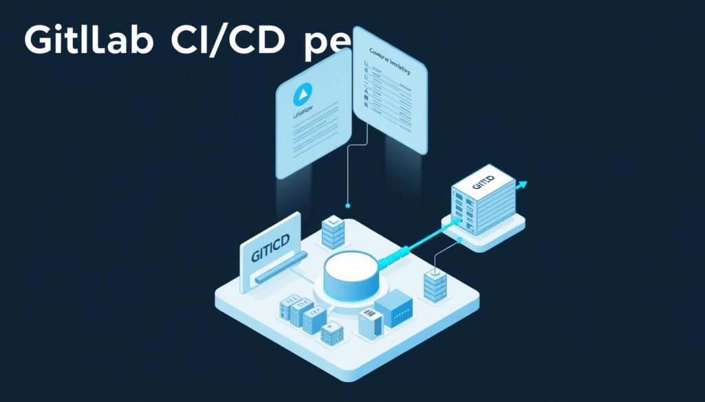 Detailed technical illustration of a GitLab CI/CD pipeline creation process. Crisp, clean lines and subtle gradients depict the various stages - source code management, testing, building, deployment, and monitoring. A minimalist, schematic layout with an isometric perspective showcases the pipeline's modular components. Cool-toned color palette with accents of blue and gray conveys the technical, engineering-focused nature of the subject. Bright highlights and shadows create depth and emphasize the 3D structure. The overall composition has a sleek, modern aesthetic to match the tutorial's focus on modern DevOps practices.