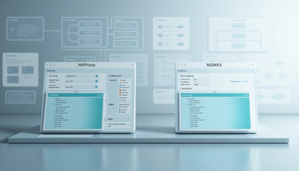 Detailed technical illustration showcasing the configuration and setup of HAProxy and Nginx load balancers. A well-lit, high-resolution 3D render depicting the core components and settings of both systems, with a clean, minimalist aesthetic. The foreground highlights the user interface and configuration screens, while the background features architectural diagrams and infrastructure diagrams to provide context. The overall mood is informative and instructive, emphasizing the ease of use and flexibility of these load balancing solutions.