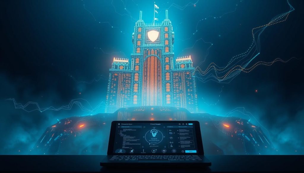 Firewall as a Service: A towering, ethereal cyber fortress stands guard, its shimmering shields and intricate circuitry a testament to the power of network security. Ambient azure lighting casts a serene glow, while wisps of binary code dance in the air, weaving a tapestry of protection. In the foreground, a sleek control panel, its intuitive interface inviting the user to effortlessly manage and customize their digital safeguards. The scene exudes a sense of technological mastery, where the boundaries of the virtual and physical worlds converge, offering a seamless, secure experience.