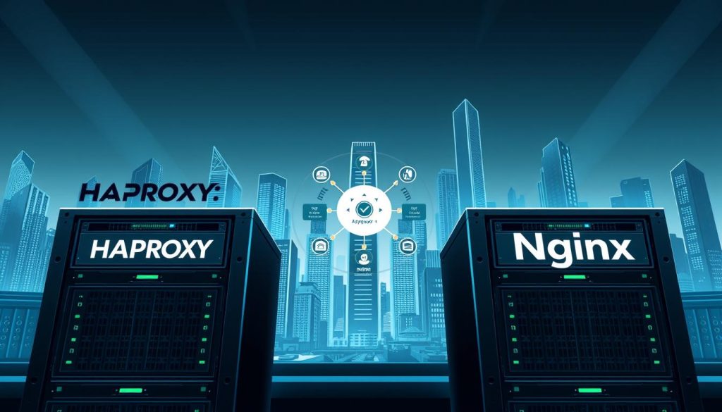 Highly detailed digital illustration showcasing the comparative performance of HAProxy and Nginx load balancing solutions. Foreground depicts two server racks, one running HAProxy and the other Nginx, with their respective logos prominently displayed. Middle ground shows a network diagram highlighting the load balancing capabilities of each technology, with arrows and data visualizations. Background features a futuristic city skyline with towering skyscrapers, conveying a sense of advanced infrastructure and enterprise-level application delivery. Lighting is crisp and directional, casting dramatic shadows and highlights to enhance the technical aesthetic. Camera angle is slightly low, providing an authoritative perspective on the subject matter. Overall mood is informative, technical, and visually compelling.