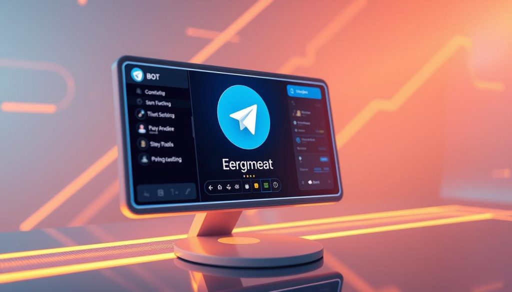 Prompt A digital telegram bot, its interface depicted on a futuristic screen, showcasing its capabilities in a visually captivating manner. The bot's icon and user interface elements are prominently displayed, hinting at the bot's importance in streamlining communication and task management. The background features a clean, minimalist design with subtle geometric patterns, creating a sense of technological sophistication. Warm, directional lighting illuminates the scene, highlighting the bot's key features and emphasizing its significance in the modern digital landscape. The overall composition conveys the bot's pivotal role in enhancing productivity and efficiency within the Telegram messaging platform.