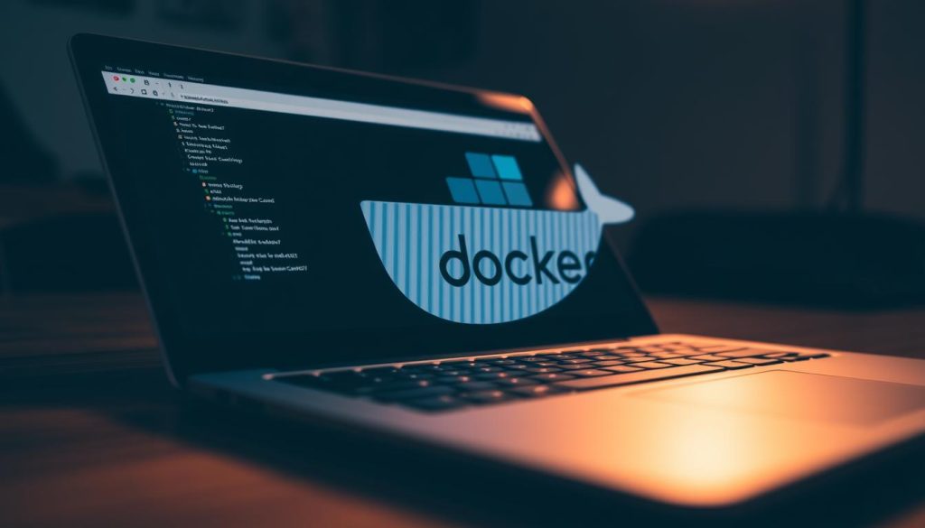 a close-up view of a Docker container running on a sleek, modern laptop, its minimalist design and muted colors evoking a sense of efficiency and technical prowess. the container's interface is displayed prominently, with clean, well-organized menus and controls, suggesting an intuitive and user-friendly experience. the laptop is illuminated by a warm, directional light, casting subtle shadows and highlighting the container's details. the background is blurred, keeping the focus on the container and creating a sense of depth and visual interest. the overall atmosphere is one of precision, professionalism, and technological sophistication.