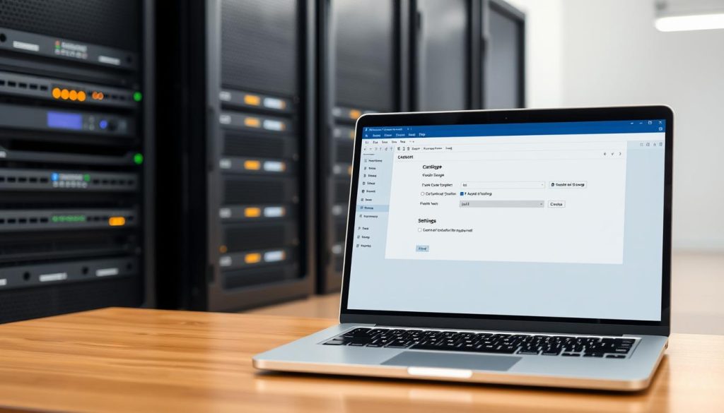 a detailed technical illustration of cloud storage configuration and setup, showing a server rack in the background with a laptop in the foreground, displaying an interface for configuring cloud storage options and settings, all under soft, even lighting, with a focus on simplicity and functionality
