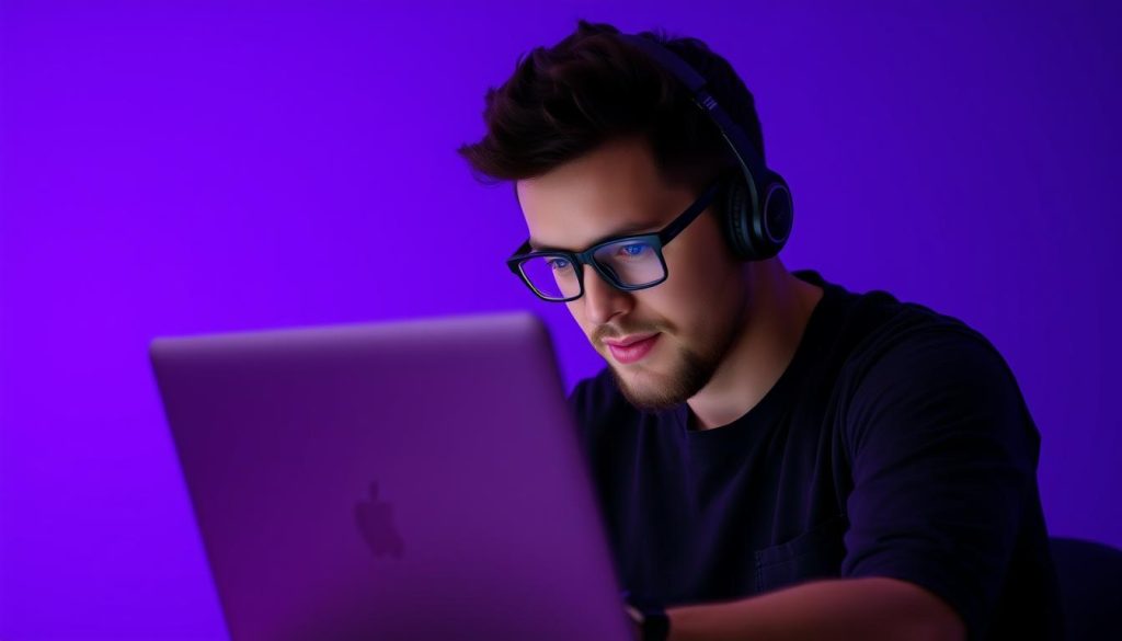 a devops engineer work with macbook and background color is Royal Purple