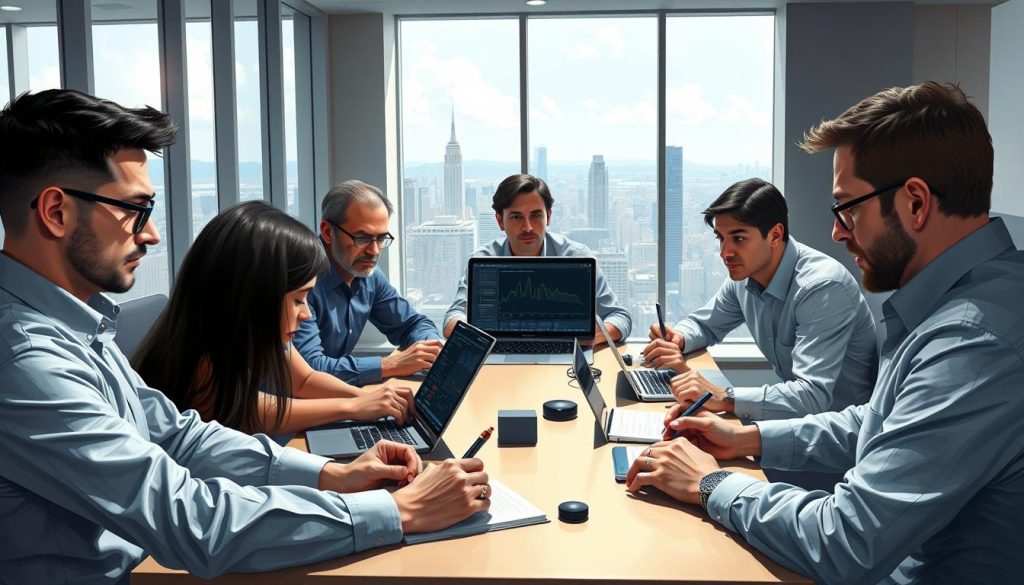 a highly detailed, realistic digital painting of a group of computer users sitting around a table, discussing and taking notes about their experience using the HAProxy load balancing software. The users have serious, focused expressions as they analyze performance metrics and configuration details displayed on their laptop screens. The scene is set in a modern, well-lit office environment with floor-to-ceiling windows overlooking a cityscape in the background. The lighting is natural, with soft shadows and highlights accentuating the users' faces and the technology they are examining. The composition is balanced and draws the viewer's attention to the central discussion, conveying the importance of the users' evaluation of HAProxy.