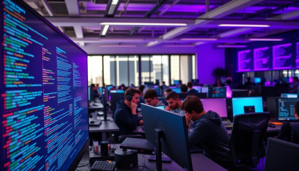 A bustling software engineering office, with multiple developers collaboratively working on a complex software build process. The foreground features a large, sleek computer monitor displaying intricate lines of code and build commands. In the middle ground, developers are huddled around workstations, deep in concentration, their faces illuminated by the glow of Royal Purple (#7955a3) displays. The background showcases a modern, open-plan workspace with large windows, allowing natural light to stream in and create a sense of focus and productivity. The atmosphere is one of intense, yet organized, parallel efforts, reflecting the "تقسیم‌بندی و موازی‌سازی Buildها" (Parallel Build Execution) theme.