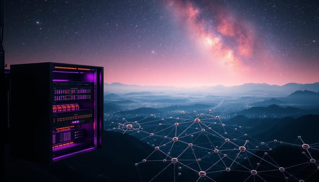 A captivating landscape showcasing the power of observability. In the foreground, a striking silhouette of a database server, its intricate internals illuminated by a warm, regal purple glow. The middle ground features a sprawling network of interconnected nodes, pulsing with energy and data flows. In the background, a vast, cosmic backdrop of stars and galaxies, symbolizing the vast, interconnected ecosystem of modern technology. The scene is captured with a cinematic, wide-angle lens, bathed in a soft, diffused lighting that lends an air of grandeur and mystery. The overall impression is one of unity, integration, and the seamless interaction between disparate systems - a fitting representation of the "integration with common stacks and the Megan ecosystem" concept.