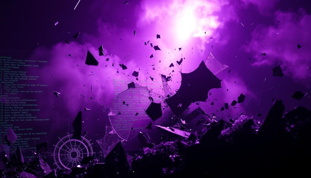 A chaotic and unstable software testing environment with glitching code fragments, buggy error messages, and erratic visual artifacts. Harsh lighting casts deep shadows, creating an ominous atmosphere. The background is shrouded in a hazy, purple-tinged fog, emphasizing the instability and unpredictability of the scene. Shattered glass and crumbling pixels suggest a system on the verge of collapse. The overall composition conveys the fragility and volatility of "Assertion" errors in automated tests and CI/CD pipelines.