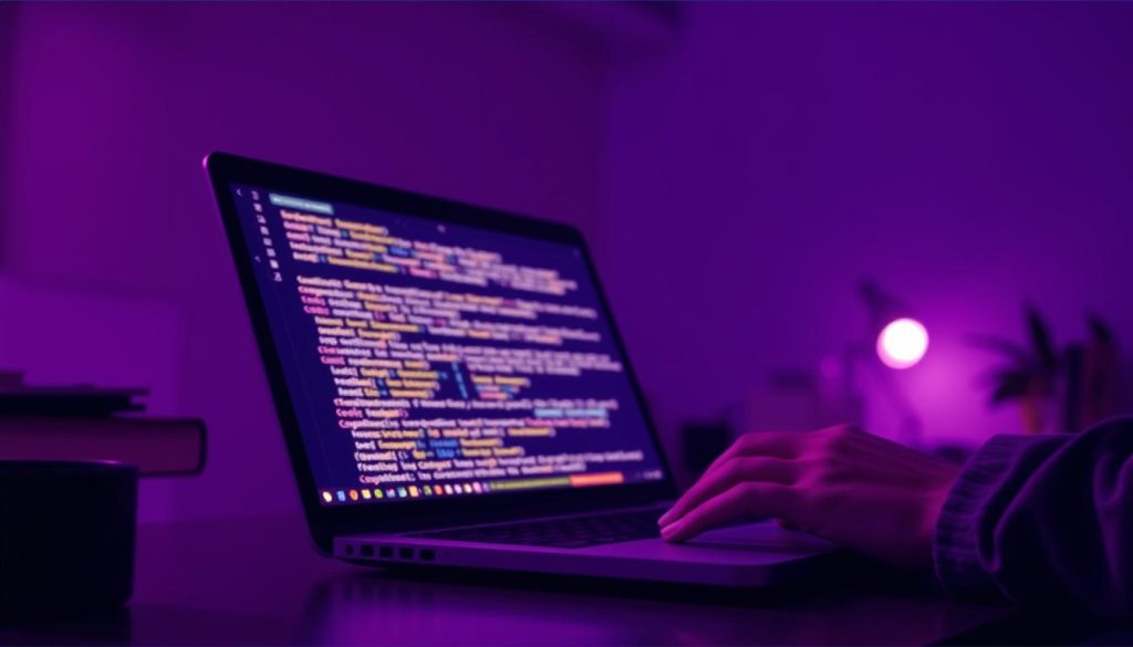 A clean and well-structured YAML manifest file for a Kubernetes deployment, bathed in a warm, royal purple (hex code #7955a3) glow. The foreground shows the YAML syntax with proper indentation, highlighting the nested structure of the manifest. The middle ground features a laptop or desktop computer screen displaying the YAML file, with a developer's hands typing intently. In the background, a serene, minimalist office environment sets the stage, conveying a sense of focus and problem-solving. Dramatic lighting from the side casts dramatic shadows, emphasizing the technical details. The overall mood is one of careful attention to detail, a methodical approach to troubleshooting YAML errors in a Kubernetes manifest.