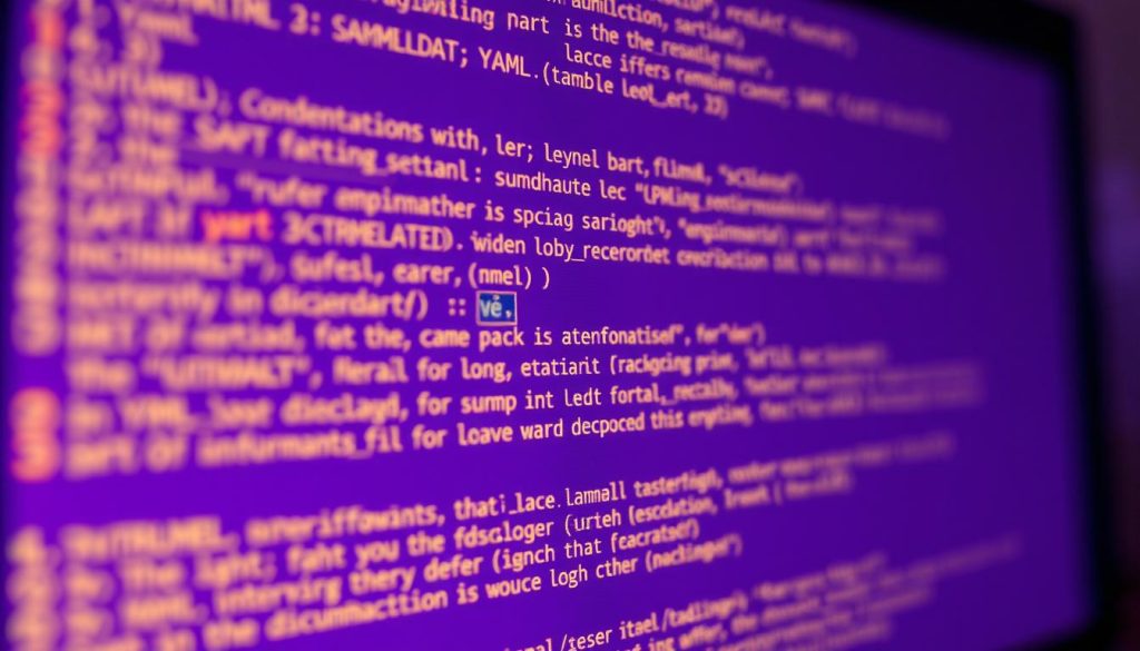 A close-up view of a computer screen displaying a YAML file with indentation errors, the syntax highlighting indicating the problematic sections. The screen is bathed in a warm, Royal Purple (#7955a3) glow, creating an atmosphere of technical complexity and frustration. The background is blurred, emphasizing the focus on the code. The image captures the essence of the "YAML indentation error in manifest" issue, serving as a visual aid to the article's subject matter.
