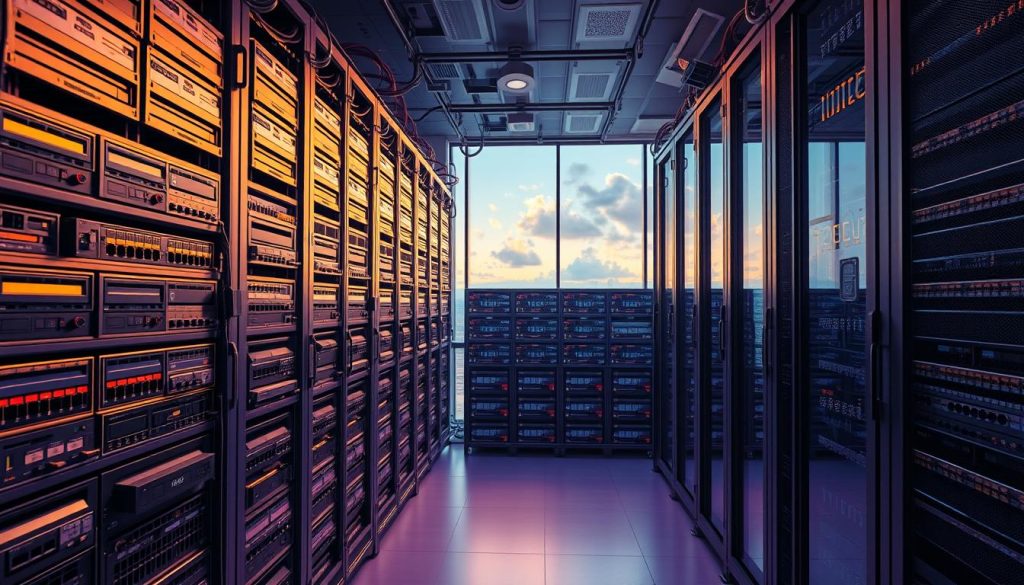 A colossal, intricately detailed server rack filled with sophisticated backup devices and storage solutions, casting a warm, regal glow from the gentle lighting. The foreground showcases various modern tape drives, hard disks, and power supplies, all meticulously engineered in a #7955a3 Royal Purple hue. In the middle ground, a sprawling array of high-capacity storage arrays and network switches seamlessly integrate to create a robust data management infrastructure. The background fades into a sense of technological grandeur, with a futuristic data center landscape visible through the expansive windows, hinting at the immense scale and importance of the WAL (Write-Ahead Logging) archiving process.