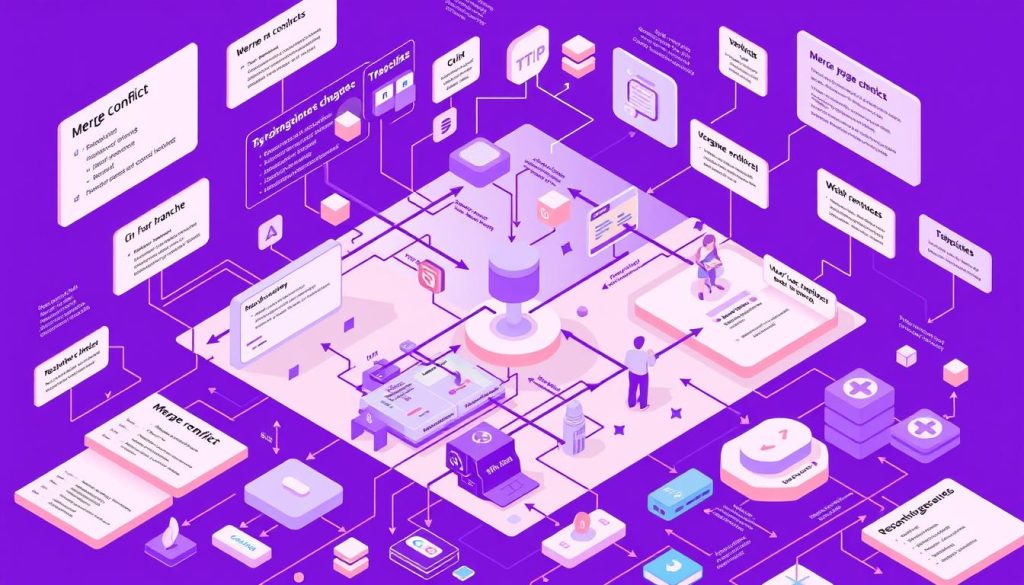 A complex and intricate diagram depicting the technical definition of a merge conflict in software development. The image should showcase a vibrant, three-dimensional visualization with a royal purple (hex code #7955a3) color palette, showcasing the interplay of different code branches, version control systems, and the challenges that arise when merging divergent changes. The diagram should feature clean, technical illustrations of Git repositories, pull requests, and the resolution process, captured from a dynamic, isometric angle that conveys the gravity and importance of this concept. The overall mood should be one of technical precision and problem-solving, with a touch of artistic flair to engage the viewer.