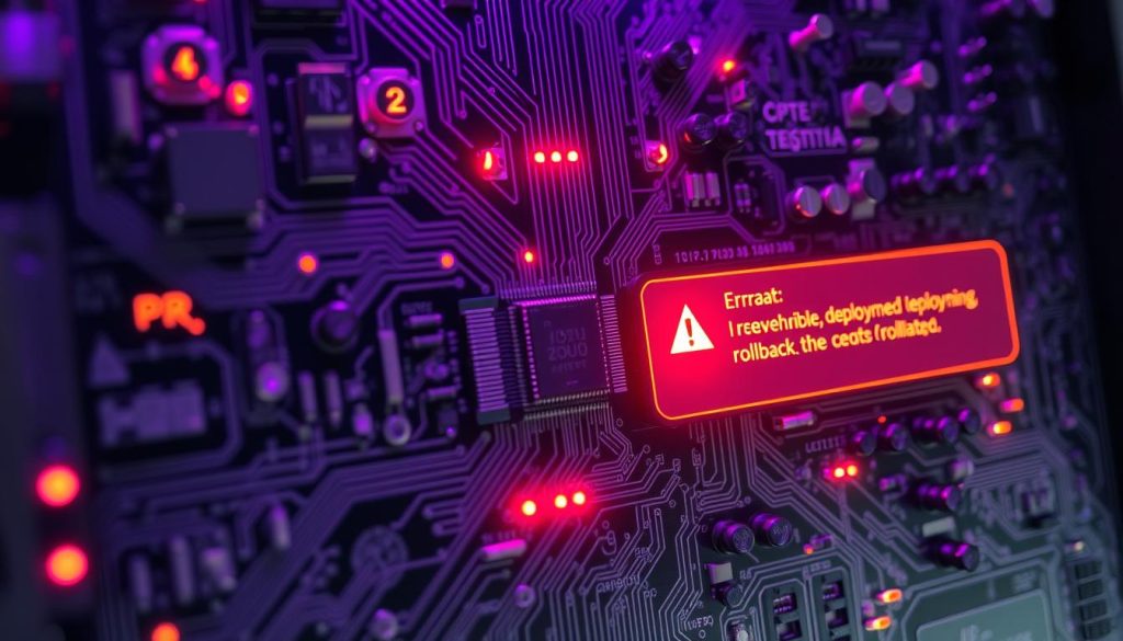 A complex circuit board with intricate wiring, electronic components, and indicators displayed in a technical, detailed manner. The board is backlit with a soft, royal purple (#7955a3) glow, casting an ethereal, futuristic atmosphere. The focus is on the center of the board, where a crucial process appears to have encountered an error, represented by glowing red warning lights and flickering error messages. The overall scene conveys a sense of unresolved technical challenge, hinting at the difficulties of resolving a failed deployment rollback.