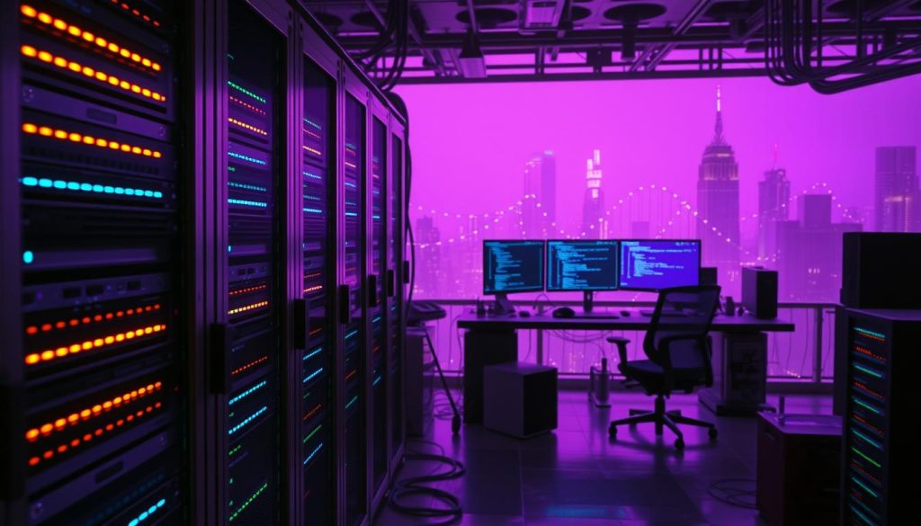 A complex, highly technical scene depicting the automation of software testing. In the foreground, a sleek, modern computer server rack with blinking LED lights, casting a warm glow. In the middle ground, a developer's workstation with multiple monitors displaying code, test results, and automated scripts. The background is a hazy, futuristic cityscape illuminated by the royal purple (hex #7955a3) hues of advanced technology. Dramatic lighting creates sharp shadows and highlights the precise, efficient nature of the DevOps workflow. The overall mood is one of innovation, control, and the seamless integration of human and machine intelligence.