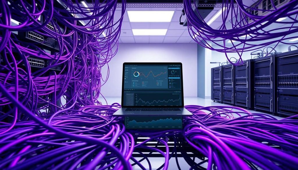 A complex network infrastructure within a digital workspace, rendered in a realistic 3D scene. The foreground showcases an intricate web of cables, routers, and network switches, bathed in a soft, royal purple hue. The middle ground features a laptop display, displaying real-time network analytics and diagnostics, providing a detailed insight into the system's performance. The background depicts a minimalist office environment, with clean lines and subtle lighting, creating a sense of order and professionalism. The overall composition conveys a comprehensive understanding of the network's inner workings, ready to be explored and optimized.