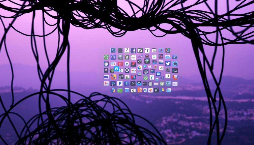 A complex network of intertwined tools and systems, their integration challenges cast a looming shadow over the infrastructure. In the foreground, a tangled web of cables and connectors symbolizes the intricate connections that must be navigated. The middle ground depicts a collage of different software icons, each representing a distinct component struggling to find its place. In the background, a hazy, purple-tinged landscape suggests the uncertainty and obstacles that arise when these diverse elements fail to align. Subtle lighting casts a pensive mood, inviting the viewer to delve deeper into the root causes of this toolchain integration failure.