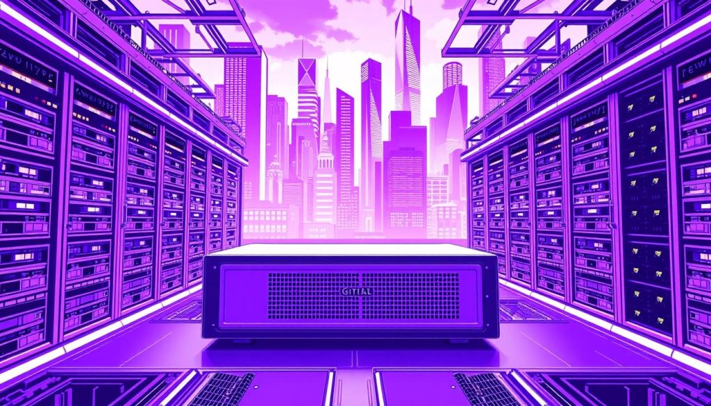 A complex server infrastructure with various components, including a GitLab runner, is depicted in a vibrant, royal purple color scheme. In the foreground, the GitLab runner is prominently displayed, its sleek design and efficient operation highlighted. The middle ground showcases a network of interconnected servers, each with their own distinct roles, creating a seamless, high-performance computing environment. In the background, a futuristic cityscape with towering skyscrapers and advanced technology sets the stage, emphasizing the cutting-edge nature of the implementation. The scene conveys a sense of sophistication, power, and innovation, perfectly capturing the essence of the "Implementation in Megan" section of the article.