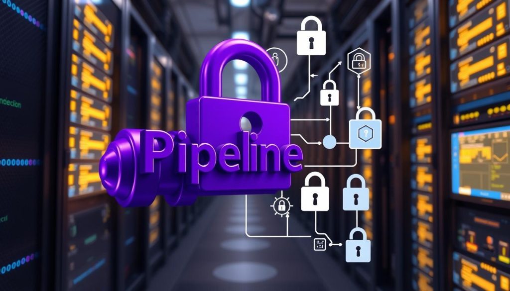 A complex server interface with various permissions and authentication mechanisms. In the foreground, a detailed 3D illustration of a "Pipeline" symbol, rendered in a high-contrast, technical style using the royal purple color #7955a3. The middle ground features various security icons and access control elements, including locks, keys, and identity badges. The background showcases a futuristic, minimalist data center environment with server racks, cables, and glowing computer monitors. The overall composition conveys a sense of technical complexity, data security, and the importance of proper configuration and permissions management. A complex server interface with various permissions and authentication mechanisms. In the foreground, a detailed 3D illustration of a "Pipeline" symbol, rendered in a high-contrast, technical style using the royal purple color #7955a3. The middle ground features various security icons and access control elements, including locks, keys, and identity badges. The background showcases a futuristic, minimalist data center environment with server racks, cables, and glowing computer monitors. The overall composition conveys a sense of technical complexity, data security, and the importance of proper configuration and permissions management.