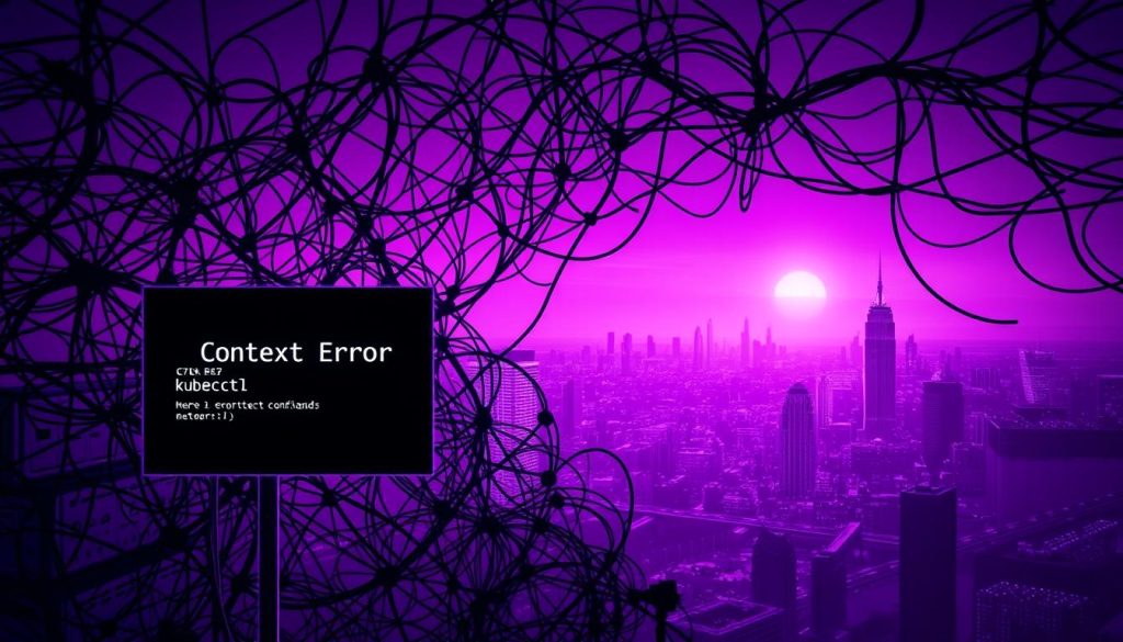 A complex web of interconnected commands and contexts, set against a regal backdrop of royal purple hues. In the foreground, a glowing terminal window showcases the perplexing "context error" message, casting an ominous glow. The middle ground features a tangle of networking cables, routers, and servers, symbolizing the intricate infrastructure underlying the issue. In the distance, a sprawling cityscape of skyscrapers and data centers, hinting at the broader scope of the problem. Dramatic lighting accentuates the technical details, while a palpable sense of confusion and frustration permeates the scene, reflecting the challenges faced by the user. This image aims to visually capture the essence of the "context error" in kubectl, setting the stage for the troubleshooting solutions to come. A complex web of interconnected commands and contexts, set against a regal backdrop of royal purple hues. In the foreground, a glowing terminal window showcases the perplexing "context error" message, casting an ominous glow. The middle ground features a tangle of networking cables, routers, and servers, symbolizing the intricate infrastructure underlying the issue. In the distance, a sprawling cityscape of skyscrapers and data centers, hinting at the broader scope of the problem. Dramatic lighting accentuates the technical details, while a palpable sense of confusion and frustration permeates the scene, reflecting the challenges faced by the user. This image aims to visually capture the essence of the "context error" in kubectl, setting the stage for the troubleshooting solutions to come.