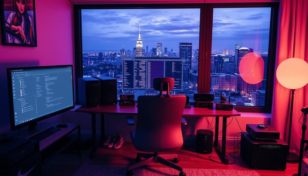 A cozy home office setup, bathed in the warm glow of a Royal Purple (#7955a3) color scheme. In the foreground, a sleek, modern desktop computer with a minimalist interface, its display showcasing a detailed firewall configuration panel. The middle ground features an ergonomic office chair and a sturdy, well-organized desk, with various networking devices and cables neatly arranged. In the background, a large window offers a picturesque view of a bustling city skyline, providing a sense of depth and inspiration. The overall atmosphere is one of productivity, efficiency, and technical mastery, reflecting the subject of the article's section on comprehensive firewall setup and configuration.