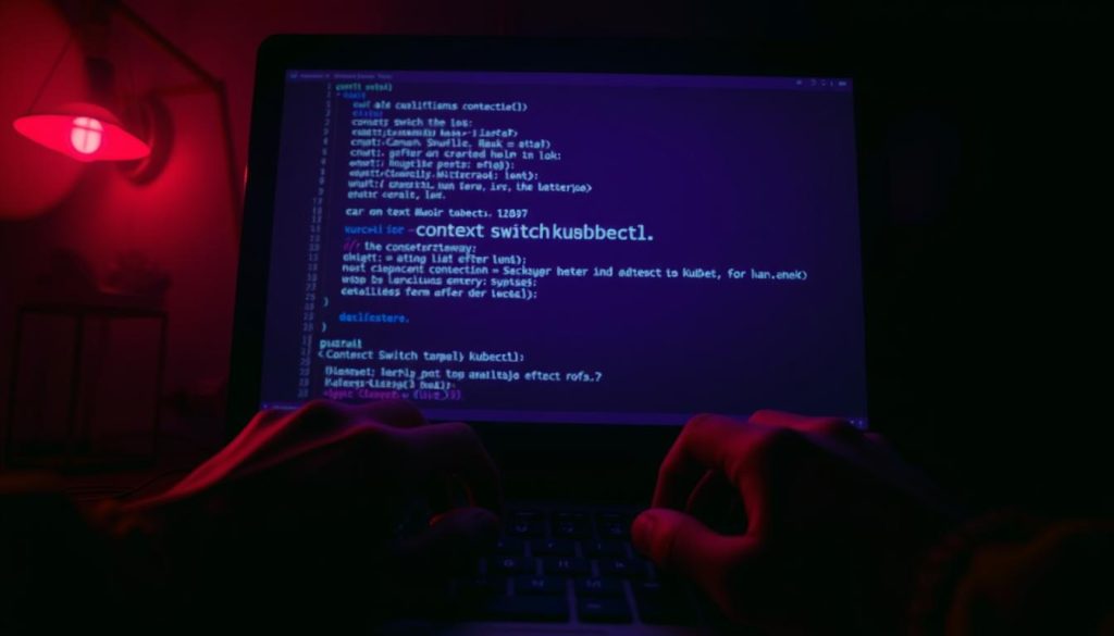 A dark, moody scene of a command-line interface displaying a "context switch kubectl error" message. The screen is illuminated by a warm, purple glow (RGB: #7955a3), casting dramatic shadows across the workspace. The interface is detailed, with lines of code and system information visible. In the foreground, a frustrated user's hands are visible, hovering over the keyboard, conveying the tension and frustration of the error. The background is hazy, emphasizing the technical, high-stakes nature of the situation. The overall atmosphere is one of mounting pressure and the need for a swift resolution. A dark, moody scene of a command-line interface displaying a "context switch kubectl error" message. The screen is illuminated by a warm, purple glow (RGB: #7955a3), casting dramatic shadows across the workspace. The interface is detailed, with lines of code and system information visible. In the foreground, a frustrated user's hands are visible, hovering over the keyboard, conveying the tension and frustration of the error. The background is hazy, emphasizing the technical, high-stakes nature of the situation. The overall atmosphere is one of mounting pressure and the need for a swift resolution.