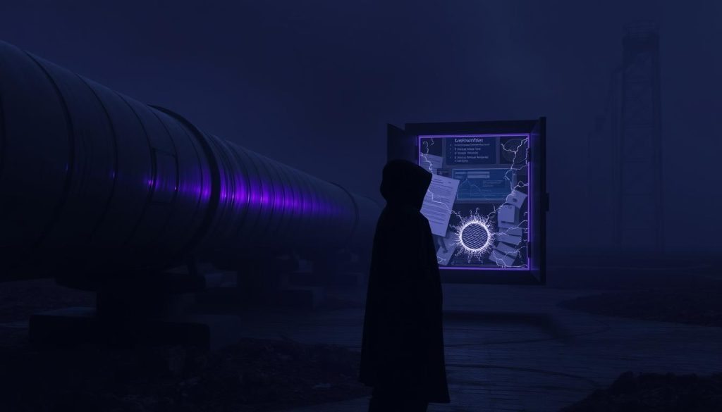 A dark, shadowy pipeline stretches across a dimly lit industrial landscape, its metallic surface reflecting the faint glow of a Royal Purple (#7955a3) light. Suddenly, a hidden panel opens, revealing a secret cache of confidential documents and data streams. Tendrils of digital energy crackle and surge, exposing the vulnerability of the system. In the foreground, a lone figure in a hooded cloak examines the exposed secrets, their face obscured by shadow. The atmosphere is tense, charged with a sense of unease and the weight of uncovering a critical security breach. A dark, shadowy pipeline stretches across a dimly lit industrial landscape, its metallic surface reflecting the faint glow of a Royal Purple (#7955a3) light. Suddenly, a hidden panel opens, revealing a secret cache of confidential documents and data streams. Tendrils of digital energy crackle and surge, exposing the vulnerability of the system. In the foreground, a lone figure in a hooded cloak examines the exposed secrets, their face obscured by shadow. The atmosphere is tense, charged with a sense of unease and the weight of uncovering a critical security breach.