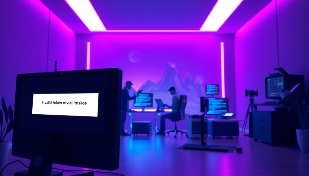 A detailed 3D digital illustration showcasing the resolution of the "Invalid token" error in the n8n workflow automation platform. The scene features a serene, dimly lit room with Royal Purple (#7955a3) accents, creating a soothing and professional atmosphere. In the foreground, a close-up view of a computer monitor displays the n8n interface, with the error message prominently displayed. In the middle ground, a skilled programmer is intently focused on troubleshooting the issue, surrounded by various coding tools and equipment. The background incorporates a futuristic, technological landscape, hinting at the advanced capabilities of n8n. The overall composition conveys a sense of problem-solving and mastery over the technical challenge.