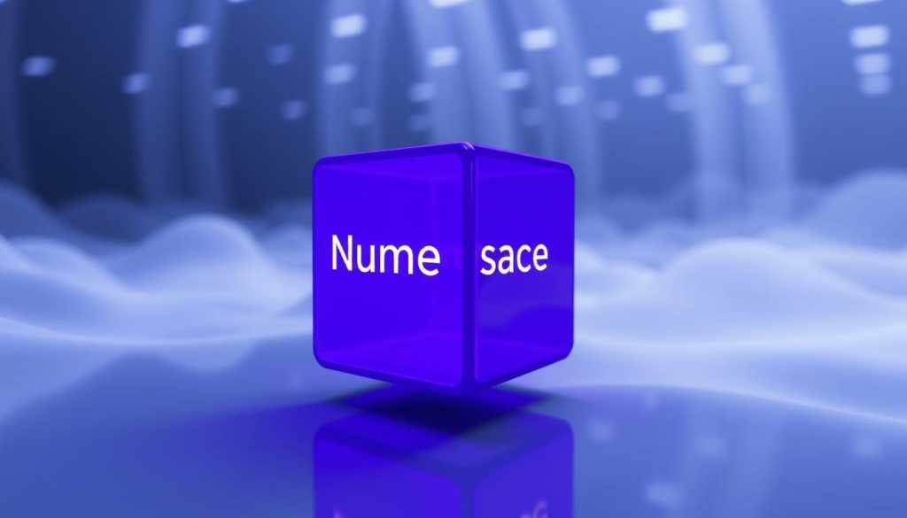 A detailed 3D visualization of the concept of Kubernetes Namespace, rendered in a clean, minimalist style. The scene features a serene, glowing purple cube representing the Namespace, suspended in an airy, ethereal environment with subtle lighting and reflections. The Namespace cube is the central focus, with a sense of depth and perspective created through the use of depth of field. The overall mood is one of clarity, simplicity, and technical elegance, reflecting the core functionality and importance of Namespaces in Kubernetes.