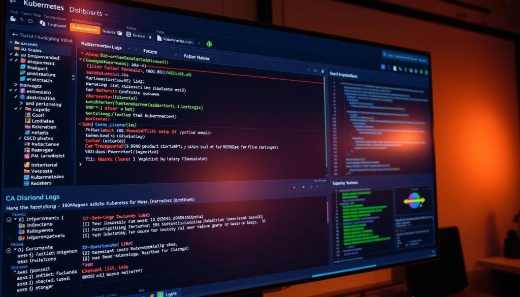 A detailed Kubernetes log dashboard displayed on a large monitor, illuminated by warm, ambient lighting. The interface showcases various log entries, error messages, and diagnostic information, providing deep insights into the inner workings of the Kubernetes cluster. The layout is clean and organized, with intuitive data visualization elements that make it easy to identify and troubleshoot issues. The overall tone is one of focus and problem-solving, conveying the crucial role of logs and monitoring in maintaining a healthy Kubernetes deployment.