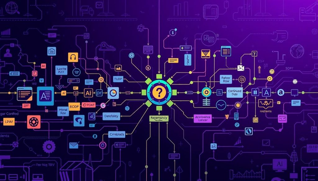 A detailed and technical illustration depicting the common causes of dependency version mismatch in software pipelines. Set in a dimly lit, Royal Purple (#7955a3) environment, the image showcases a complex network of interconnected software components, each representing a different version or dependency. The foreground features a central hub, symbolizing the software pipeline, surrounded by a variety of shapes and forms representing the various dependencies. The middle ground highlights the mismatched versions, with contrasting colors and textures to emphasize the discrepancies. The background layers depict the overall software ecosystem, with subtle hints of industry-related imagery to reinforce the technical context. The composition is designed to convey the intricate nature of dependency management and the potential challenges developers face in maintaining a cohesive software pipeline. A detailed and technical illustration depicting the common causes of dependency version mismatch in software pipelines. Set in a dimly lit, Royal Purple (#7955a3) environment, the image showcases a complex network of interconnected software components, each representing a different version or dependency. The foreground features a central hub, symbolizing the software pipeline, surrounded by a variety of shapes and forms representing the various dependencies. The middle ground highlights the mismatched versions, with contrasting colors and textures to emphasize the discrepancies. The background layers depict the overall software ecosystem, with subtle hints of industry-related imagery to reinforce the technical context. The composition is designed to convey the intricate nature of dependency management and the potential challenges developers face in maintaining a cohesive software pipeline.