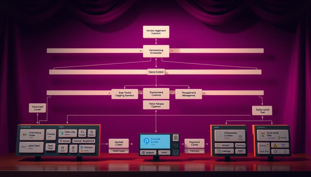 A detailed, architectural diagram depicting the configuration of CI/CD tools for managing version mismatches in a software pipeline. The foreground showcases a central control panel with various integrated tools, such as a version management system, a build automation tool, and a deployment orchestrator. The middle ground features a series of interconnected modules, each representing a distinct stage of the CI/CD workflow, including source control, testing, and release management. The background is set against a regal, royal purple (color code #7955a3) backdrop, conveying a sense of professionalism and authority. The overall scene is illuminated by a warm, directional lighting, creating shadows and highlights that accentuate the intricate details of the diagram. The composition is balanced and symmetrical, reflecting the well-organized nature of the CI/CD system. A detailed, architectural diagram depicting the configuration of CI/CD tools for managing version mismatches in a software pipeline. The foreground showcases a central control panel with various integrated tools, such as a version management system, a build automation tool, and a deployment orchestrator. The middle ground features a series of interconnected modules, each representing a distinct stage of the CI/CD workflow, including source control, testing, and release management. The background is set against a regal, royal purple (color code #7955a3) backdrop, conveying a sense of professionalism and authority. The overall scene is illuminated by a warm, directional lighting, creating shadows and highlights that accentuate the intricate details of the diagram. The composition is balanced and symmetrical, reflecting the well-organized nature of the CI/CD system.