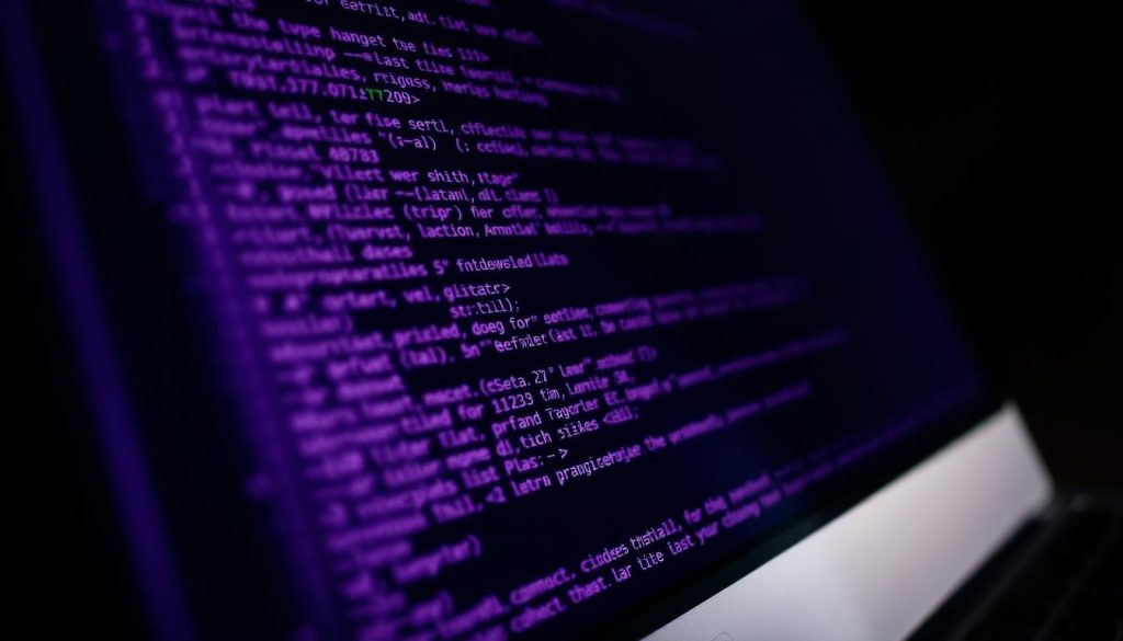 A detailed closeup view of computer code displayed on a sleek, modern computer screen. The code is written in a monospace font with the characters in a rich, royal purple color (#7955a3). The screen is positioned at a slight angle, casting dramatic shadows and highlights that emphasize the depth and texture of the code. The background is blurred, keeping the focus on the intricate lines of code in the foreground. The lighting is soft and moody, creating an atmosphere of technical sophistication and precision.