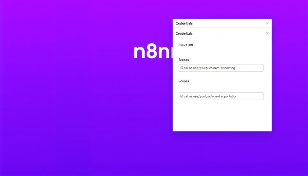 A detailed configuration interface for the n8n workflow automation platform, showcasing the OAuth2 settings. The interface is presented in a clean, minimalist style with a focus on the crucial parameters required for a proper OAuth2 setup. The background features a royal purple (#7955a3) gradient, creating a sophisticated and professional atmosphere. The foreground displays the n8n logo and key sections such as "Credentials", "Scopes", and "Callback URL", all rendered in a high-resolution, technically accurate manner. The overall composition emphasizes the importance of correctly configuring n8n for seamless OAuth2 integration, guiding the viewer through the essential steps.