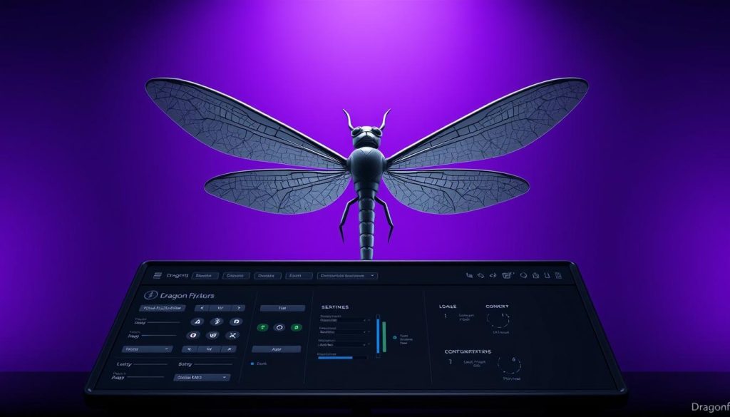 A detailed configuration panel for the Dragonfly database system, set against a regal Royal Purple (#7955a3) backdrop. In the foreground, an intricate dashboard displays various settings and options, with sleek icons and intuitive controls. The middle ground features a 3D-rendered Dragonfly logo, its wings spread majestically. In the background, a soft, diffused lighting creates a sense of depth and sophistication. The overall scene conveys a professional, high-tech atmosphere, perfectly suited to illustrate the "Configuration and Settings" section of the article.