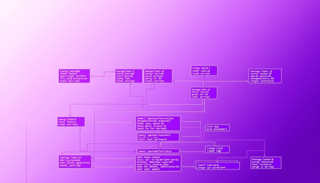 A detailed diagram showcasing an elegant MongoDB data model, rendered in a regal purple hue. In the foreground, a MongoDB database schema unfolds, its intricate relationships and nested structures clearly defined. In the middle ground, a series of interconnected MongoDB documents shimmer, their fields and arrays artfully arranged. The background is bathed in a soft, diffused light, creating a sense of depth and sophistication. The overall composition exudes a technical proficiency and aesthetic refinement, perfectly suited to illustrate the best practices for designing data models in MongoDB.