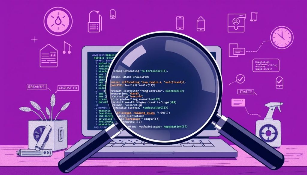 A detailed, high-resolution digital illustration showcasing the process of tracing, or "تریسینگ", as a powerful debugging technique. Set against a regal royal purple (#7955a3) background, the image should depict a developer's workstation, with a laptop screen displaying lines of code and a complex data structure. In the foreground, a magnifying glass hovers over the code, highlighting specific sections. Surrounding the workstation, various debugging tools and methodologies are represented, such as breakpoints, step-through execution, and variable inspection. The overall scene should convey a sense of focus, analysis, and the systematic approach needed to uncover the root causes of assertion failures in software testing.