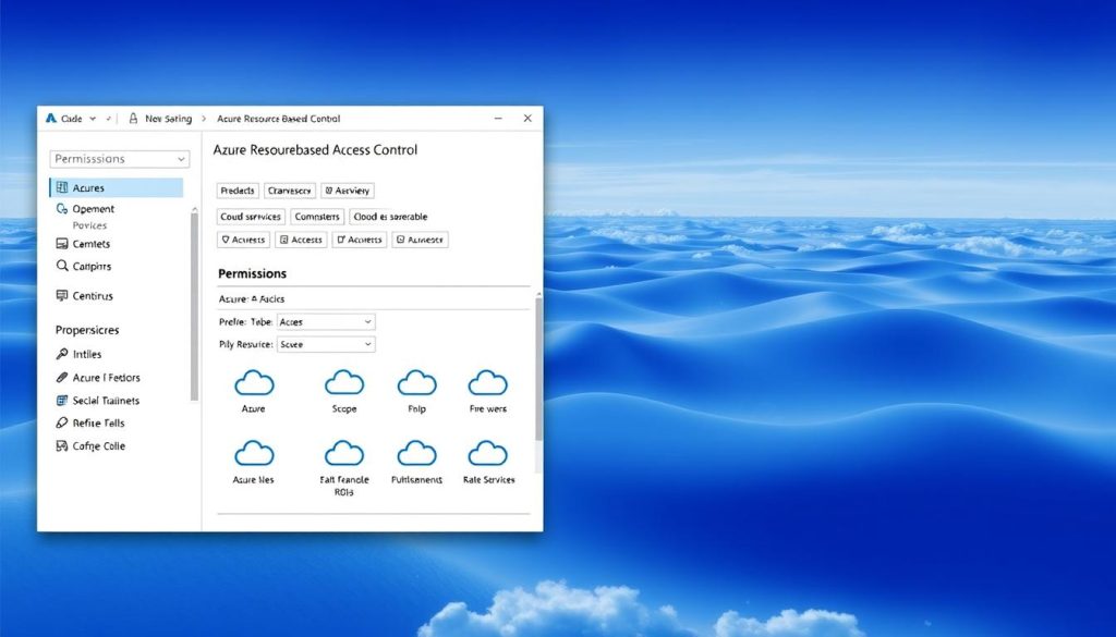 A detailed illustration of Azure Resource-Based Access Control (RBAC) system. In the foreground, a user interface showcases the RBAC permissions panel, with role assignments, scope, and access levels visually represented. The middle ground depicts a series of cloud icons, representing Azure services and resources, each with distinct RBAC permissions. In the background, a serene landscape of Azure's signature blue gradient fills the scene, evoking the cloud-based nature of the platform. The overall composition is enhanced by the use of the Royal Purple accent color (#7955a3), adding a touch of sophistication and professionalism to the image.