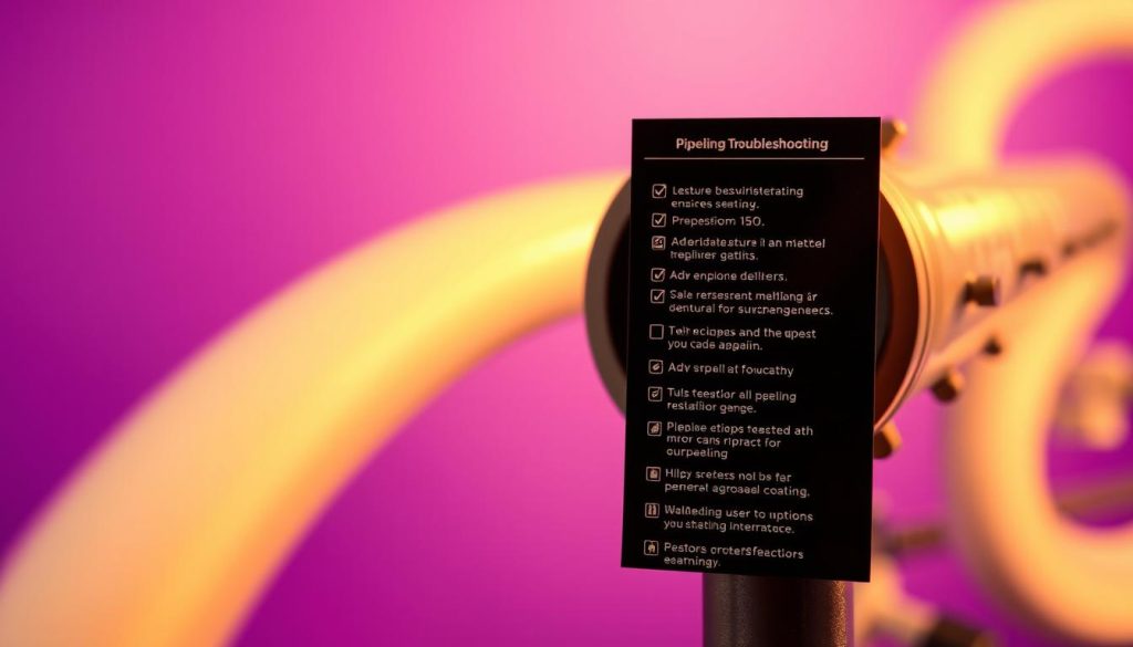 A detailed pipeline troubleshooting checklist against a #7955a3 Royal Purple background. In the foreground, a meticulously organized list of steps, each with a concise icon and description, guiding the viewer through the process of identifying and resolving pipeline issues. The middle ground features a sleek, modern pipeline diagram, its intricate components rendered in crisp, technical detail. In the background, a softly blurred representation of the article's subject, creating a sense of context and purpose. The lighting is warm and directional, highlighting the important elements while maintaining an air of professionalism and authority.