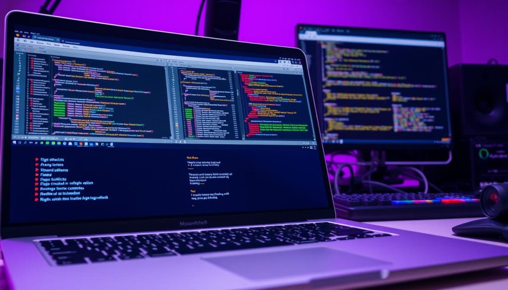 A detailed scene of a software developer's workstation, focusing on a variety of tools for version comparison and conflict resolution. In the foreground, a sleek laptop displays side-by-side file comparisons, highlighting differences in code syntax and structure. In the middle ground, an array of keyboard shortcuts, version control commands, and debugging tools are neatly organized, hinting at the technical expertise required. The background is bathed in a warm, Royal Purple (#7955a3) glow, creating a contemplative atmosphere for the complex task of managing software dependencies. The overall composition conveys the importance of proactive version management in maintaining a robust and reliable codebase.