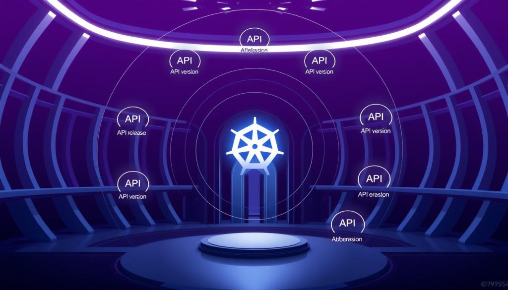 A detailed technical diagram showcasing the evolution of Kubernetes API versions over multiple releases. The foreground depicts a central hub surrounded by concentric circles, each representing a new API version. The middle ground features sleek, futuristic architecture with clean lines and sophisticated lighting, conveying a sense of progress and innovation. The background is a rich, regal Royal Purple (#7955a3) gradient, adding depth and a touch of regality to the scene. The overall composition conveys the complexity and significance of API changes in the Kubernetes ecosystem, making it an informative and visually striking illustration for the article.