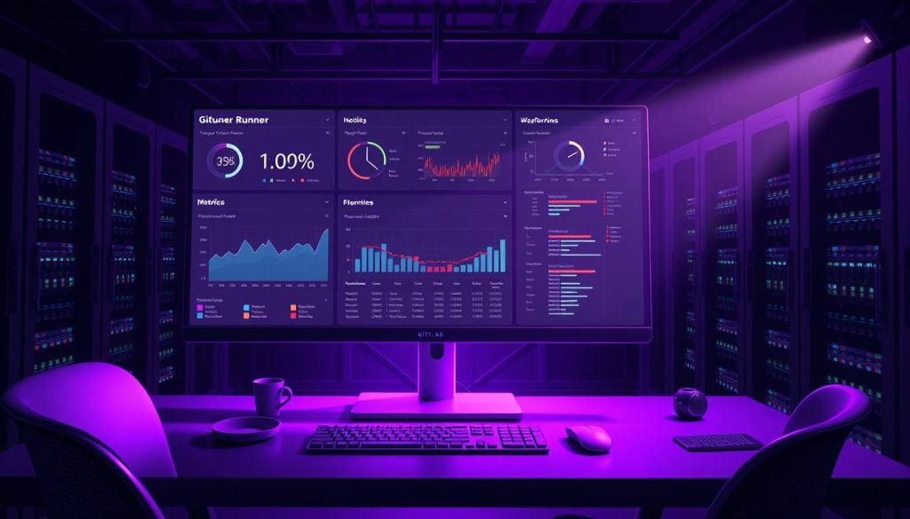 A detailed visualization of a GitLab runner monitoring dashboard. The foreground features a large central monitor displaying real-time data and metrics, with various graphs, charts, and logs showcasing the runner's performance and health status. The middle ground includes a sleek, modern workstation with a keyboard, mouse, and other peripherals, all bathed in a regal purple hue. The background depicts a dimly lit server room, with racks of humming equipment and a serene, contemplative atmosphere. Dramatic lighting casts dramatic shadows, creating a sense of technical sophistication and reliability. The overall scene conveys the importance of proactive monitoring and troubleshooting for ensuring the smooth operation of a GitLab runner deployment.