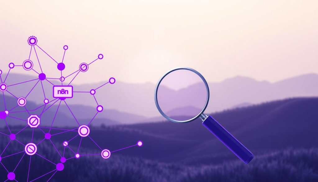 A digital illustration depicting the reasons behind the Forbidden error in n8n. The foreground showcases a network diagram with various nodes and connections, represented in a Royal Purple (#7955a3) palette, symbolizing the complex web of processes within the n8n workflow. The middle ground features a magnifying glass, emphasizing the investigation and analysis required to identify the root cause of the issue. The background depicts a serene, minimalist landscape with soft, hazy lighting, creating a contemplative atmosphere for problem-solving. The overall composition conveys a sense of technical depth and the challenges associated with troubleshooting the Forbidden error in the n8n platform.