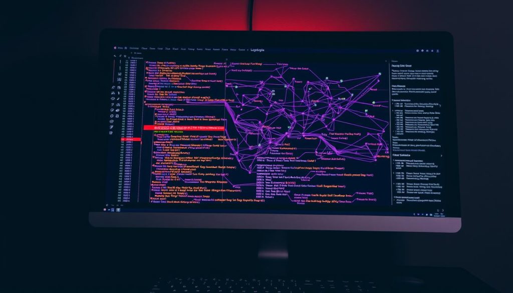 A dimly lit, metallic gray workstation showcases a detailed log tracing display. Intricate lines and nodes weave across the screen, visualizing the complex flow of software processes. The Royal Purple (#7955a3) highlights key events, drawing the viewer's attention to critical moments in the system's operations. Warm, directional lighting casts subtle shadows, creating depth and emphasizing the technical nature of the scene. The overall atmosphere is one of focused analysis, with the log tracing interface serving as a window into the inner workings of a software toolchain integration. A dimly lit, metallic gray workstation showcases a detailed log tracing display. Intricate lines and nodes weave across the screen, visualizing the complex flow of software processes. The Royal Purple (#7955a3) highlights key events, drawing the viewer's attention to critical moments in the system's operations. Warm, directional lighting casts subtle shadows, creating depth and emphasizing the technical nature of the scene. The overall atmosphere is one of focused analysis, with the log tracing interface serving as a window into the inner workings of a software toolchain integration.