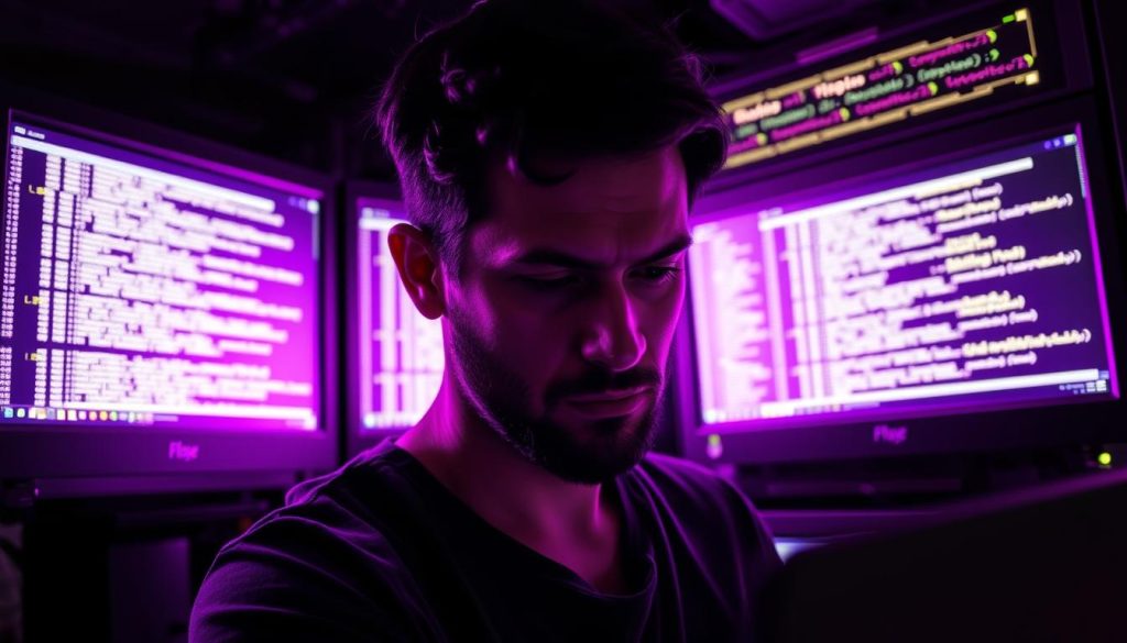 A dimly lit server room, illuminated by the soft glow of computer screens. Stacks of monitors display lines of code and cryptic error messages, as a developer intently examines the logs, brow furrowed in concentration. The room is bathed in a regal, Royal Purple (color code #7955a3) hue, lending an air of gravity to the scene. Shadows and highlights play across the developer's face, highlighting the intensity of their focus. The image conveys the sense of a critical moment, where the resolution of a complex technical issue hangs in the balance, requiring meticulous analysis of the log files to uncover the root cause of the problem.