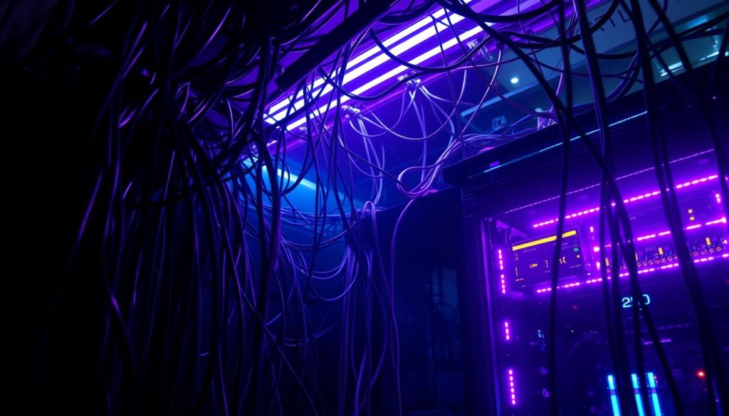 A disjointed network infrastructure, cables snaking across the frame, casting deep shadows. Flickering lights and glitching displays convey a sense of instability. In the foreground, a server rack bathed in a royal purple glow (#7955a3), its components seemingly in a state of flux. The overall atmosphere is one of technological unease, hinting at the vulnerabilities within the complex web of digital systems. Dramatic camera angles and dramatic lighting heighten the sense of drama and uncertainty, underscoring the precarious nature of this &amp;quot;Flaky Builds&amp;quot; scenario.