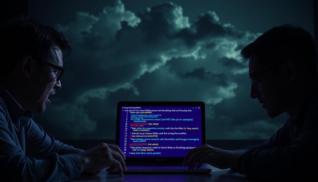 A dramatic scene of a tense merge conflict causing a build failure. In the foreground, two programmers argue passionately, their faces twisted in frustration as they grapple with the code. In the middle ground, a laptop screen displays cryptic error messages and merge conflict markers, casting an eerie royal purple (#7955a3) glow over the scene. In the background, ominous clouds loom, hinting at the impending consequences of this unresolved issue. The lighting is stark, creating deep shadows that underscore the gravity of the situation. This image conveys the direct impact of merge conflicts on pipeline failures, a cautionary tale for any software team.