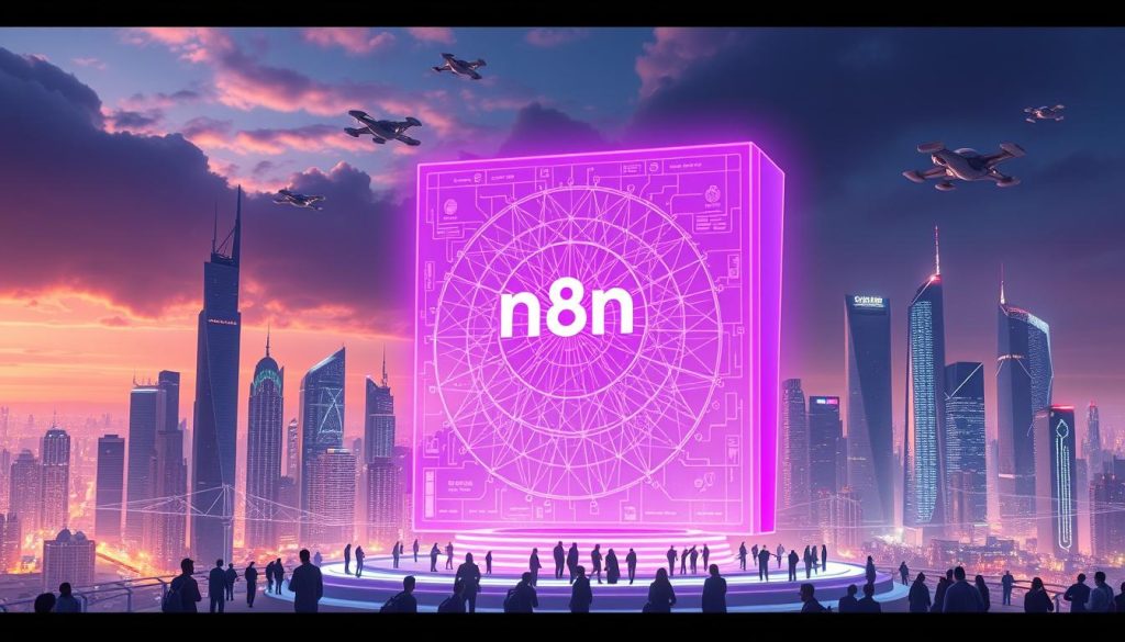 A futuristic cityscape with a towering, sleek n8n service platform at its center, bathed in a warm, regal Royal Purple (#7955a3) glow. In the foreground, a holographic display showcases the n8n workflow automation interface, its intricate connections and nodes pulsing with energy. In the middle ground, bustling figures interact with the platform, their movements fluid and efficient. The background features a sprawling metropolis, its skyscrapers and hovering transport vehicles hinting at a highly advanced, interconnected future. The scene exudes a sense of innovation, productivity, and the seamless integration of technology into everyday life.