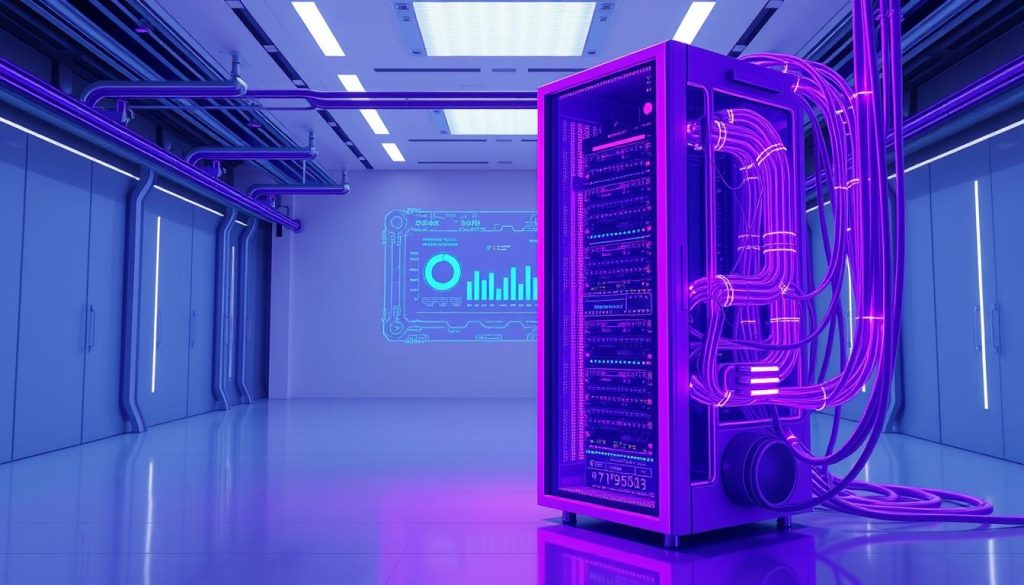 A futuristic, highly detailed image depicting the automation of the Continuous Integration (CI) process. In the foreground, a sleek, state-of-the-art server rack in a royal purple hue (#7955a3) stands prominently, symbolizing the power and efficiency of modern CI infrastructure. Surrounding it, a network of interconnected cables and pipes weave in a mesmerizing, almost organic fashion, hinting at the complex systems that power the automation. In the middle ground, a holographic display projects real-time data and analytics, providing insights into the CI workflow. The background features a minimalist, high-tech environment with clean lines and subtle lighting, creating a sense of order and precision. The overall scene conveys a harmonious blend of technology and automation, reflecting the "اتوماتیک‌سازی و ابزارهای افزایش بهره‌وری" theme.